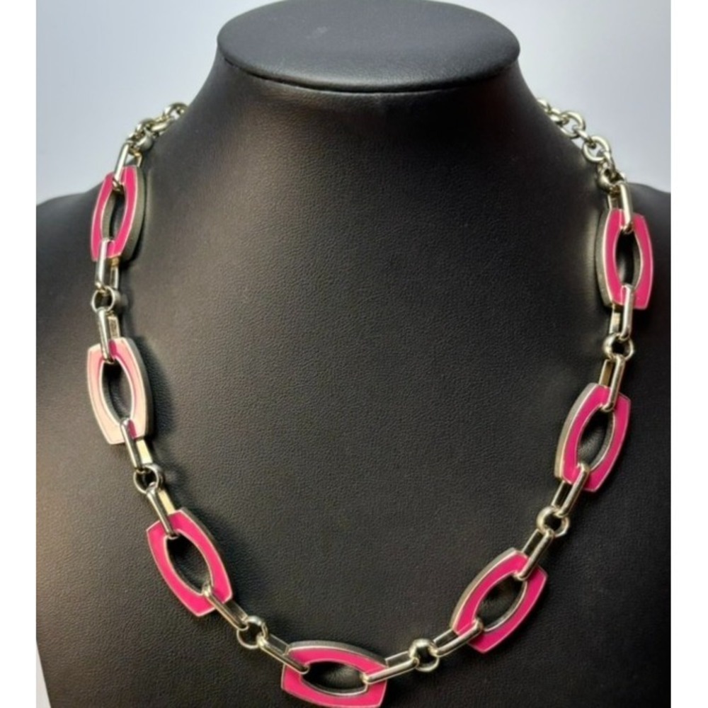 Talbots Necklace Pink Navy Reversible Enamel Silver Tone Geometric Link